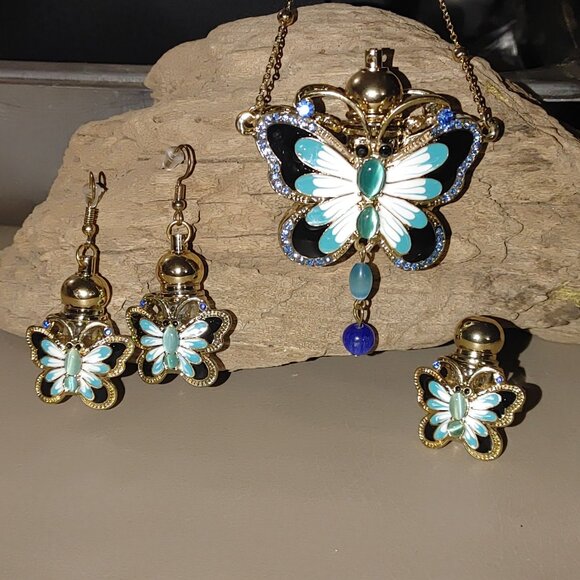 Perfume Butterfly Statement Jewelry Set Necklace Earring Ring Enamel Detailing - Picture 6 of 11